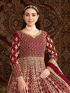 Monjolika Fashion Maroon Color Embroidered Santoon Net Salwar Suit | Grocsy