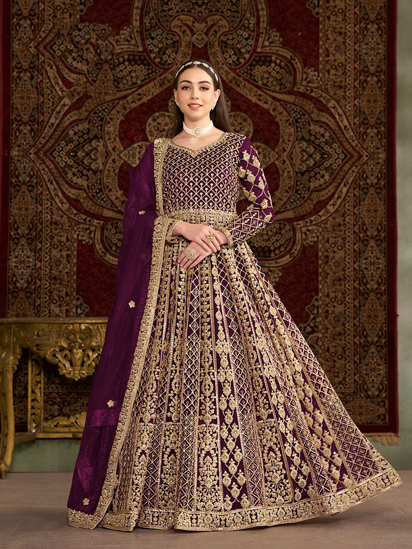 Monjolika Fashion Purple Color Embroidered Santoon Net Salwar Suit | Grocsy