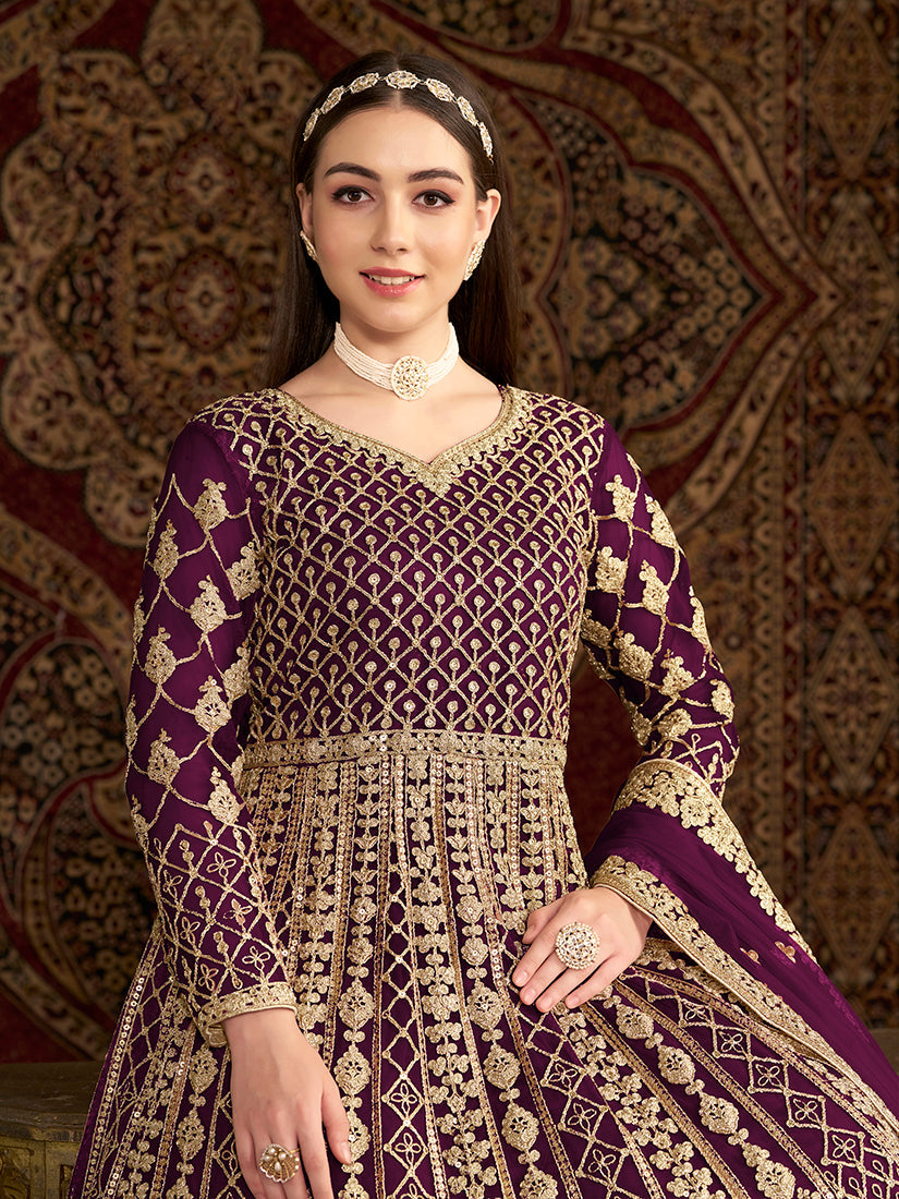 Monjolika Fashion Purple Color Embroidered Santoon Net Salwar Suit | Grocsy