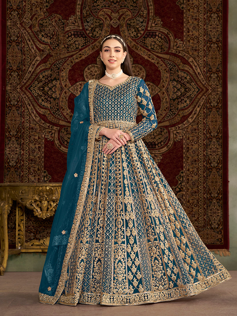 Monjolika Fashion Teal Color Embroidered Santoon Net Salwar Suit | Grocsy