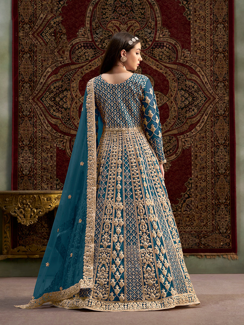 Monjolika Fashion Teal Color Embroidered Santoon Net Salwar Suit | Grocsy