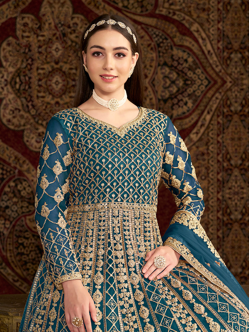 Monjolika Fashion Teal Color Embroidered Santoon Net Salwar Suit | Grocsy