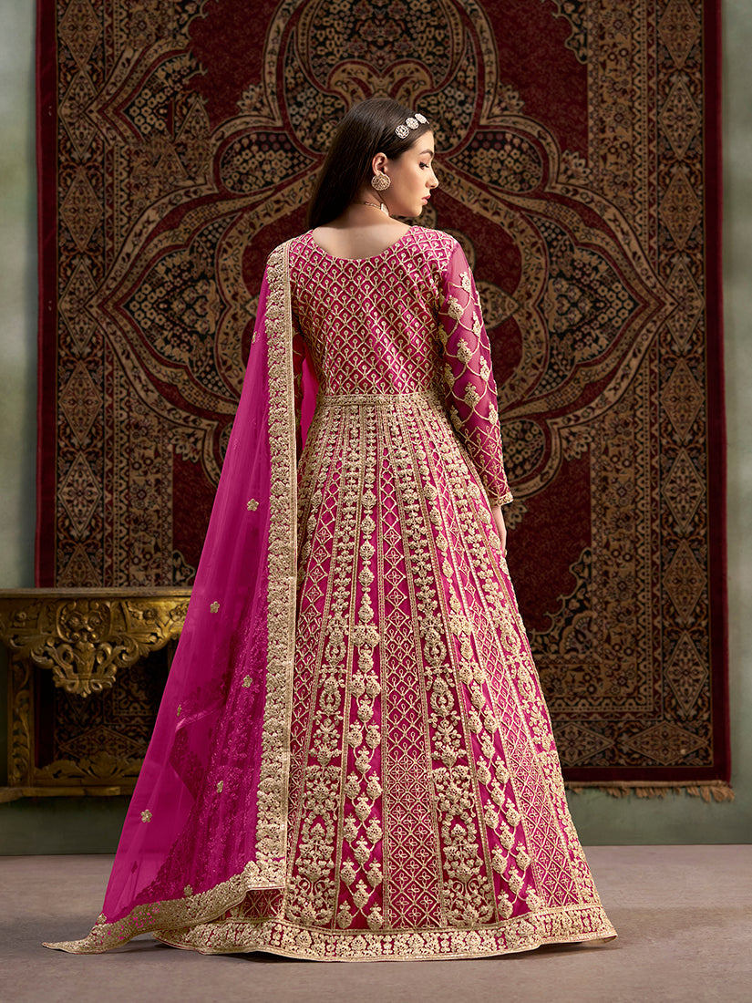Monjolika Fashion Rani-Pink Color Embroidered Santoon Net Salwar Suit | Grocsy