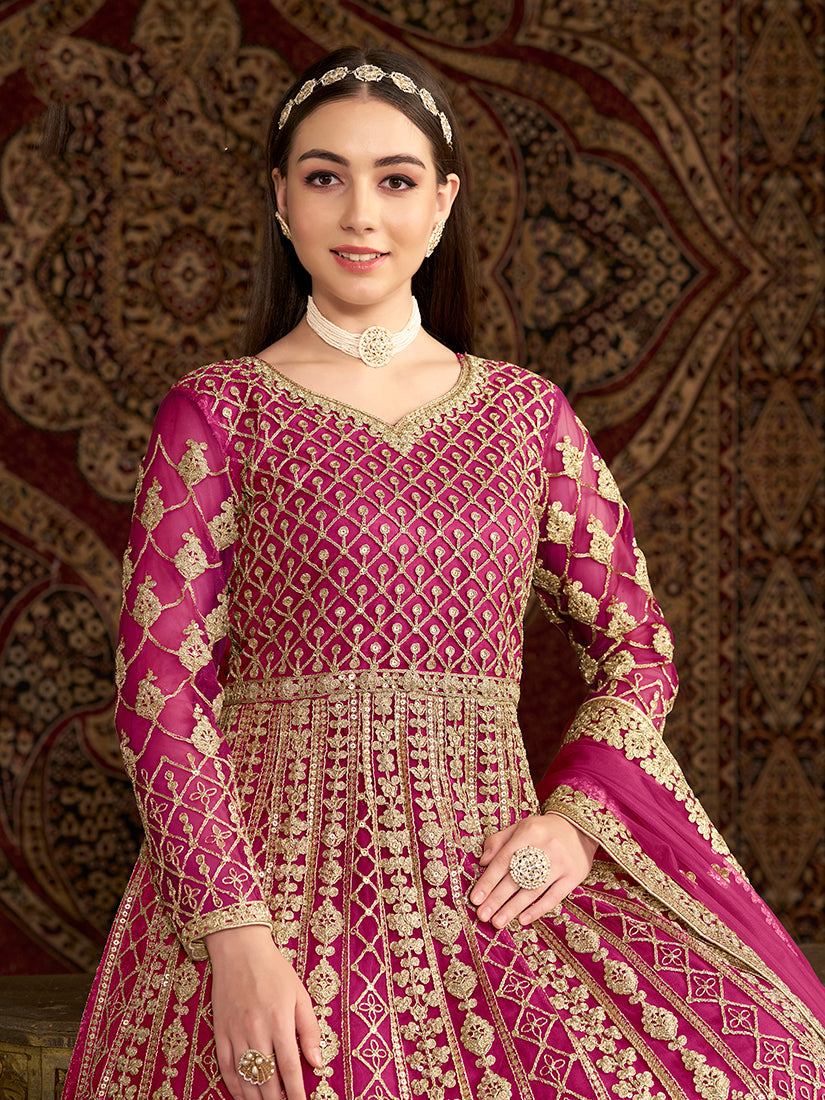 Monjolika Fashion Rani-Pink Color Embroidered Santoon Net Salwar Suit | Grocsy