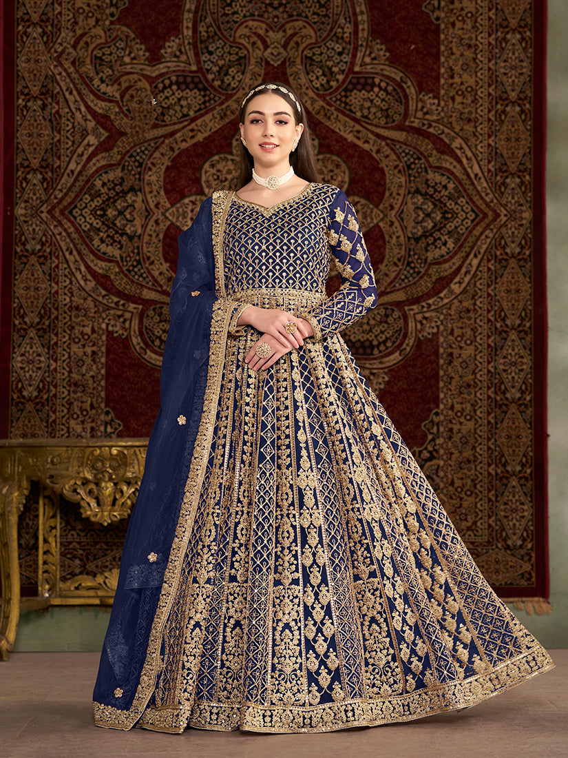 Monjolika Fashion Navy-Blue Color Embroidered Santoon Net Salwar Suit | Grocsy