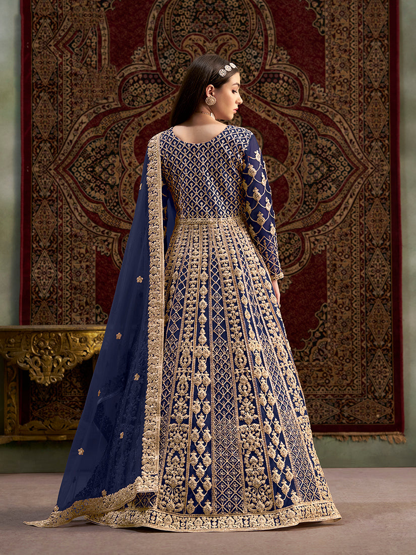 Monjolika Fashion Navy-Blue Color Embroidered Santoon Net Salwar Suit | Grocsy