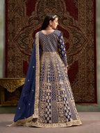 Monjolika Fashion Navy-Blue Color Embroidered Santoon Net Salwar Suit | Grocsy