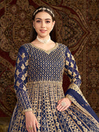 Monjolika Fashion Navy-Blue Color Embroidered Santoon Net Salwar Suit | Grocsy