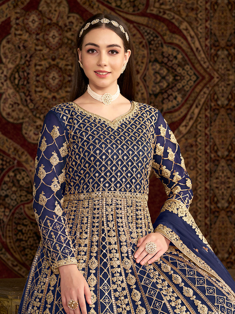 Monjolika Fashion Navy-Blue Color Embroidered Santoon Net Salwar Suit | Grocsy