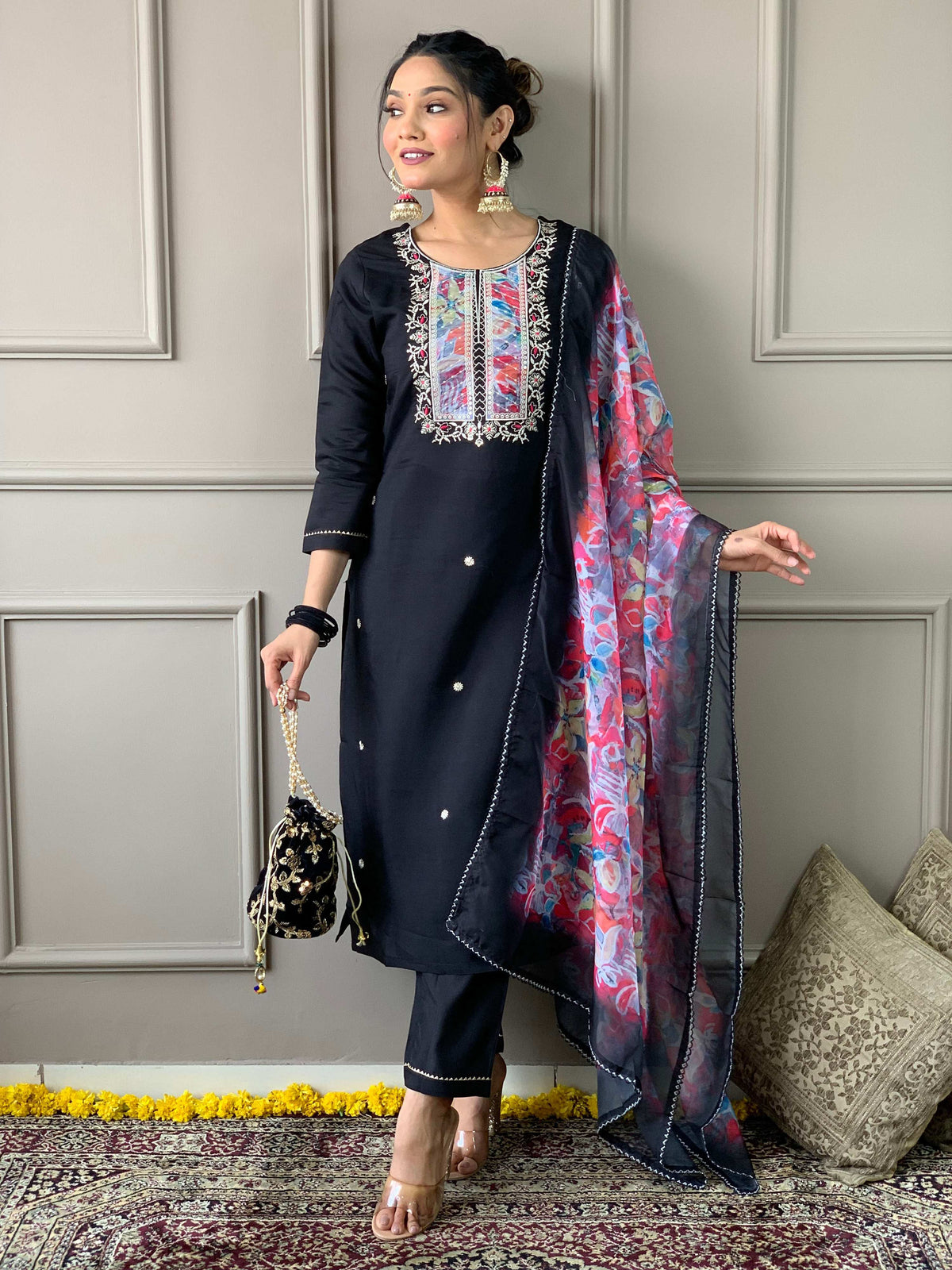 The52 Viscose Fabric work Straight cut Kurta, Pant and Dupatta Set | Grocsy