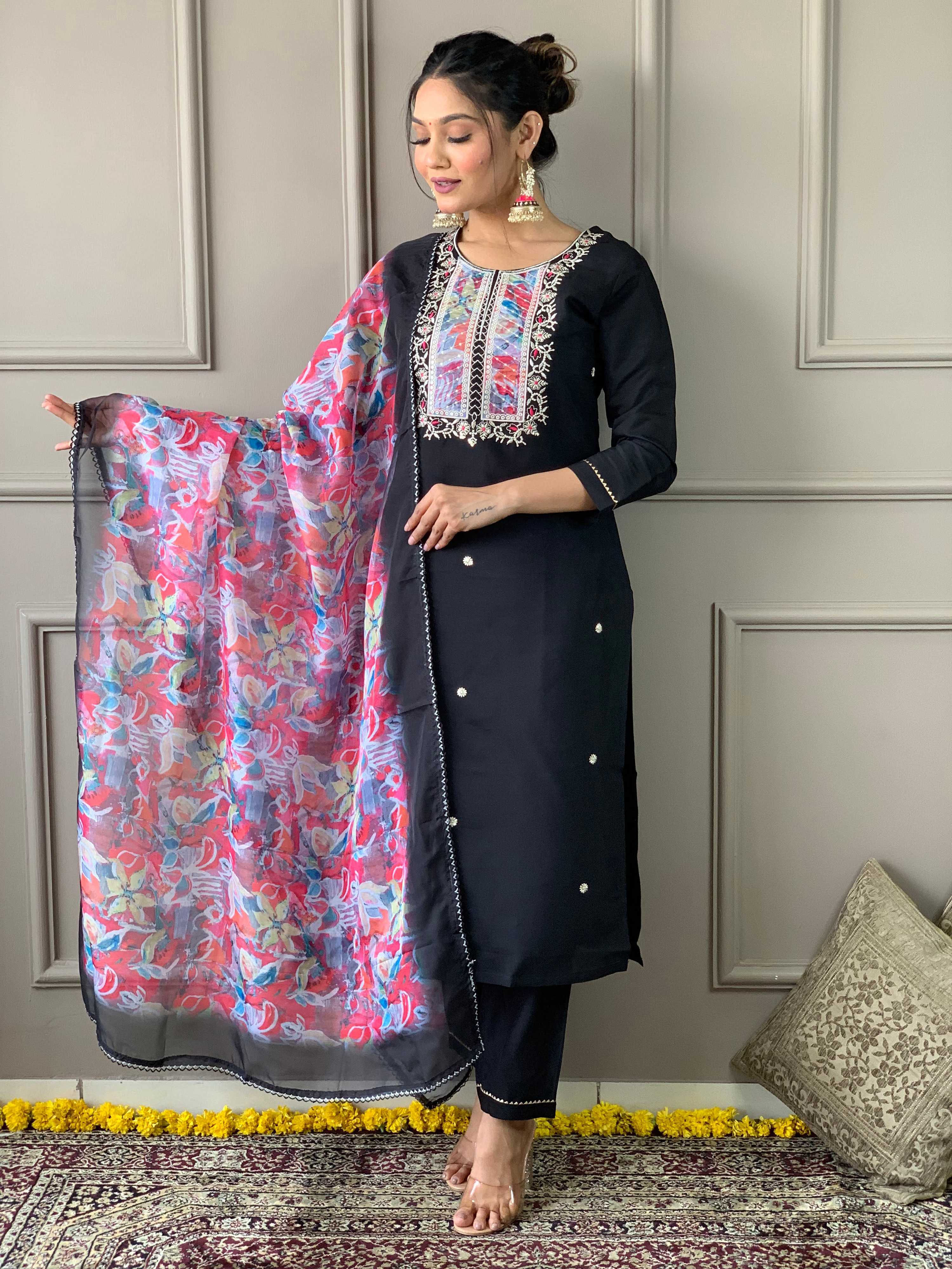 The52 Viscose Fabric work Straight cut Kurta, Pant and Dupatta Set | Grocsy