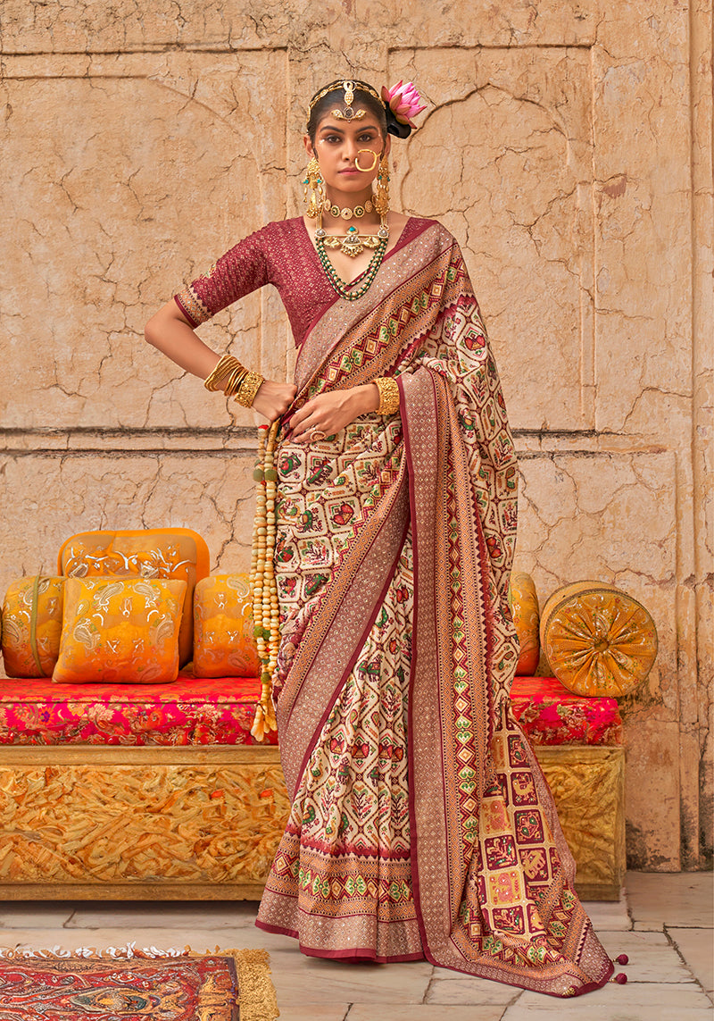 Monjolika Fashion Viscose Silk Cream Printed Classic Saree | Grocsy