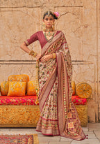 Monjolika Fashion Viscose Silk Cream Printed Classic Saree | Grocsy
