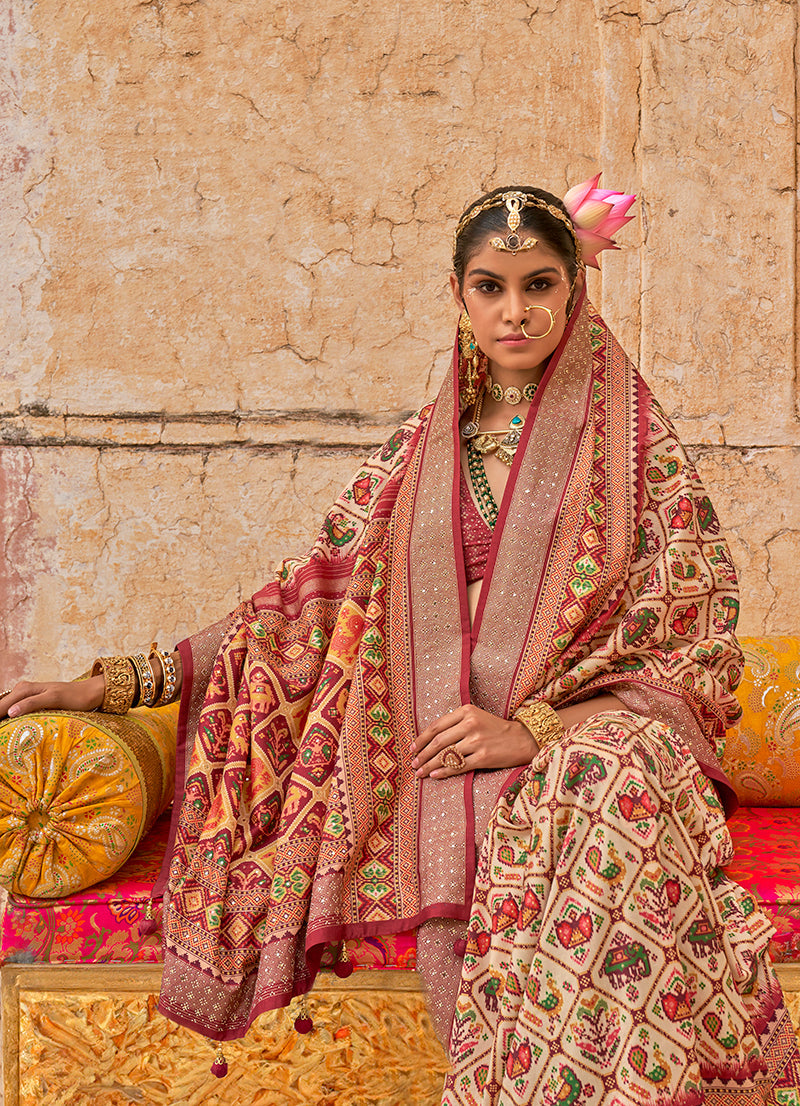 Monjolika Fashion Viscose Silk Cream Printed Classic Saree | Grocsy