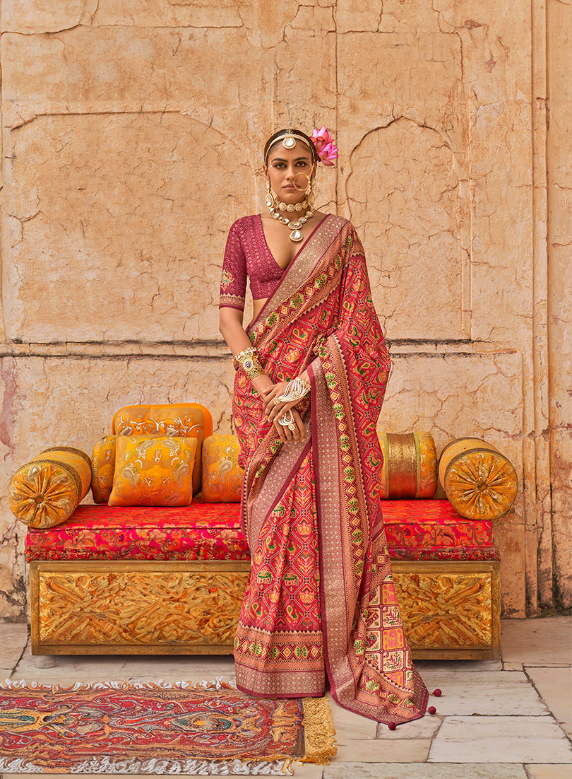 Monjolika Fashion Viscose Silk Red Printed Classic Saree | Grocsy