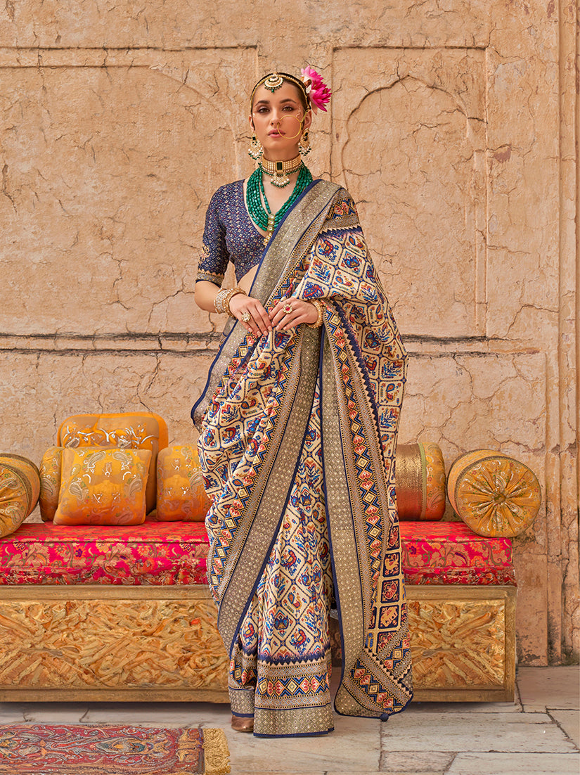 Monjolika Fashion Viscose Silk Cream Printed Classic Saree | Grocsy