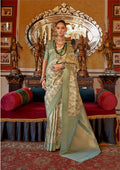 Monjolika Fashion Cream And Light Green Tussar Silk Digital Print Zari Border Contemporary Saree | Grocsy