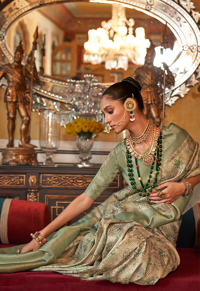 Monjolika Fashion Cream And Light Green Tussar Silk Digital Print Zari Border Contemporary Saree | Grocsy