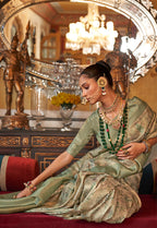 Monjolika Fashion Cream And Light Green Tussar Silk Digital Print Zari Border Contemporary Saree | Grocsy