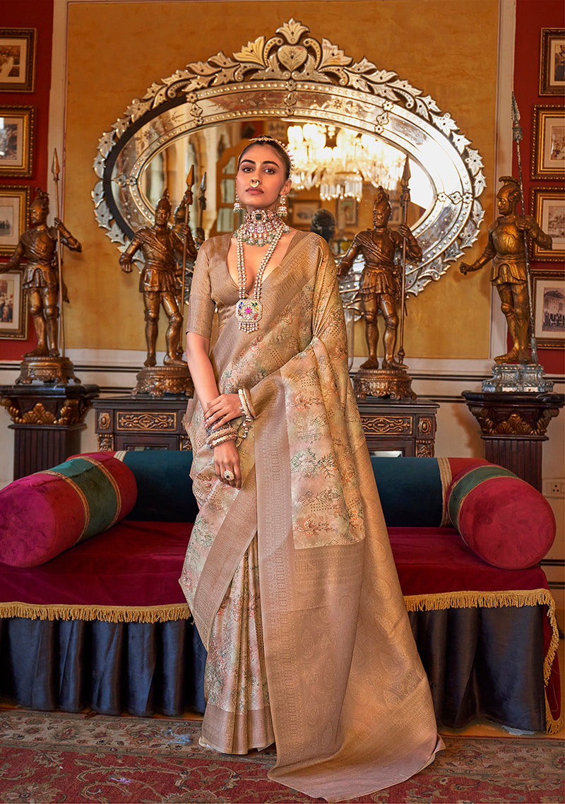 Monjolika Fashion Cream And Light Brown Tussar Silk Digital Print Zari Border Contemporary Saree | Grocsy