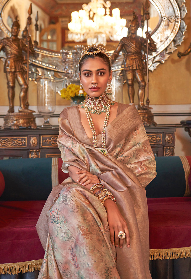 Monjolika Fashion Cream And Light Brown Tussar Silk Digital Print Zari Border Contemporary Saree | Grocsy