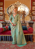 Monjolika Fashion Cream And Sea Green Tussar Silk Digital Print Zari Border Contemporary Saree | Grocsy