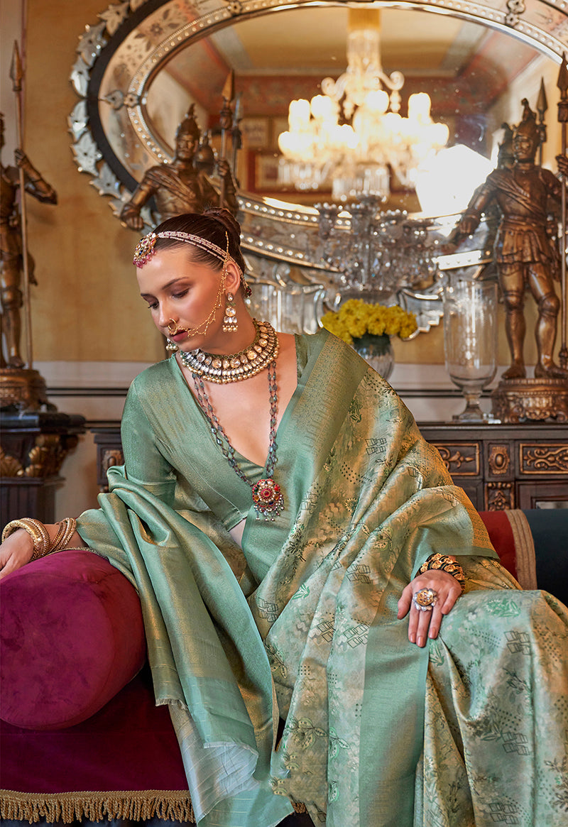 Monjolika Fashion Cream And Sea Green Tussar Silk Digital Print Zari Border Contemporary Saree | Grocsy