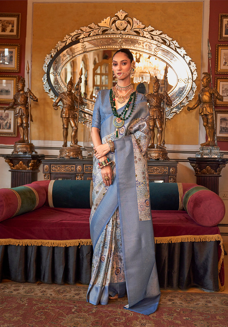 Monjolika Fashion Grey And Blue Tussar Silk Digital Print Zari Border Contemporary Saree | Grocsy