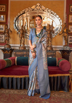 Monjolika Fashion Grey And Blue Tussar Silk Digital Print Zari Border Contemporary Saree | Grocsy
