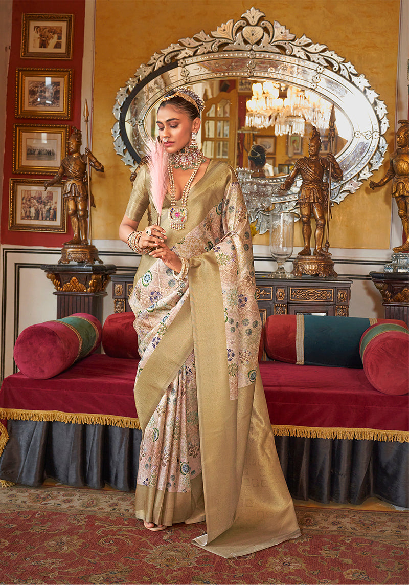 Monjolika Fashion Cream Tussar Silk Digital Print Zari Border Contemporary Saree | Grocsy