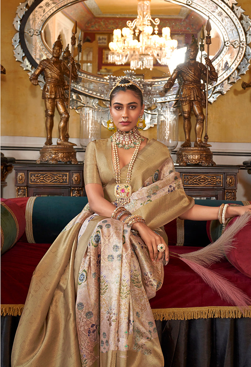 Monjolika Fashion Cream Tussar Silk Digital Print Zari Border Contemporary Saree | Grocsy