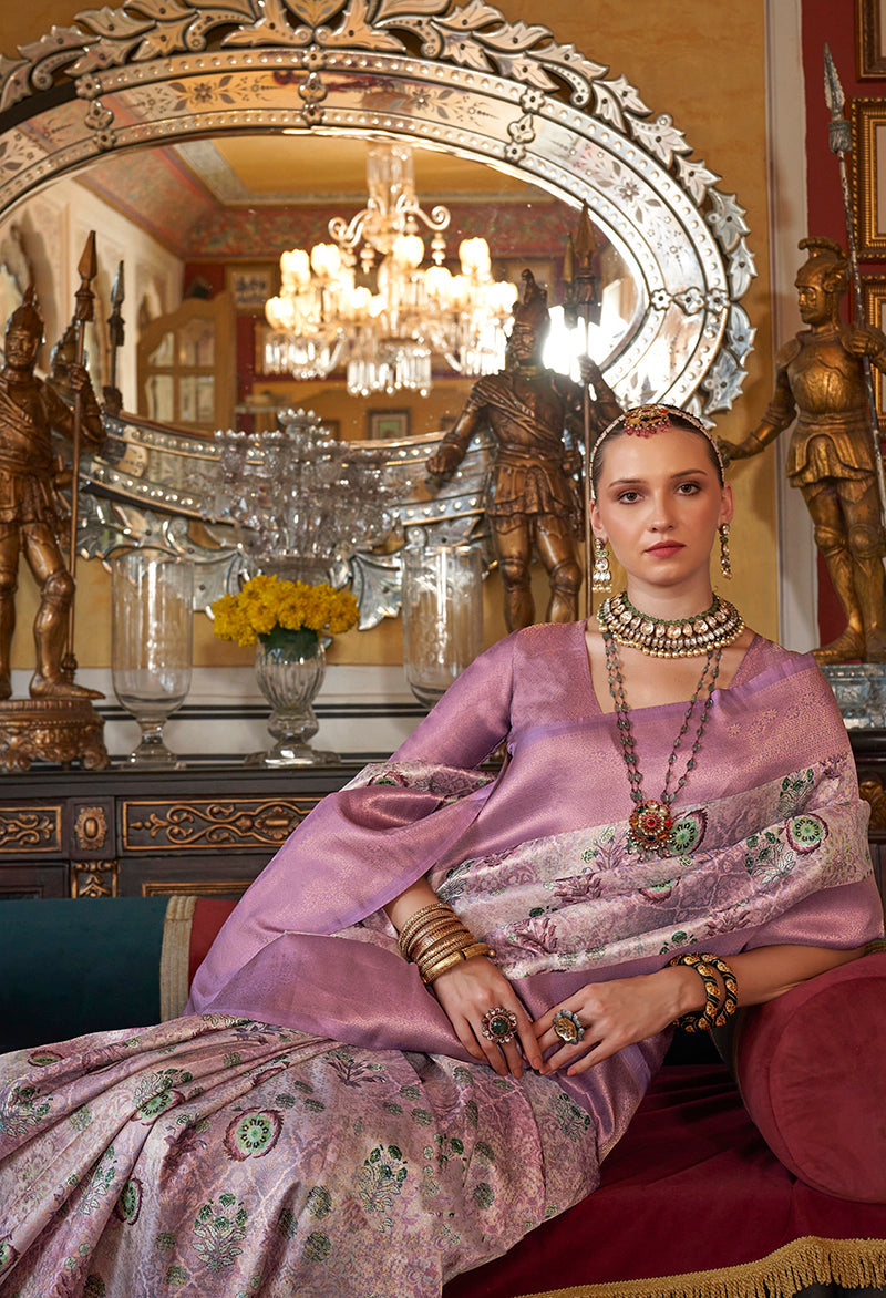 Monjolika Fashion Mauve Tussar Silk Digital Print Zari Border Contemporary Saree | Grocsy