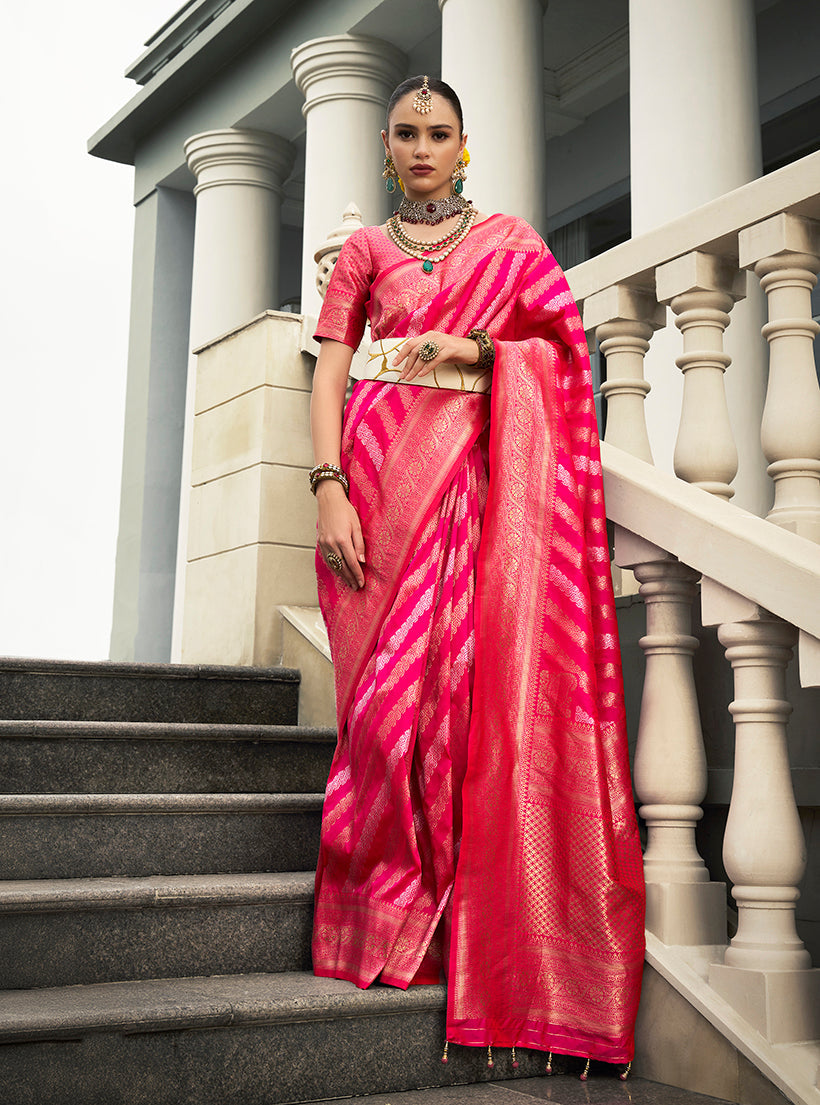 Monjolika Fashion Viscose Silk Rani Pink Weaving Jaal Designer Saree | Grocsy