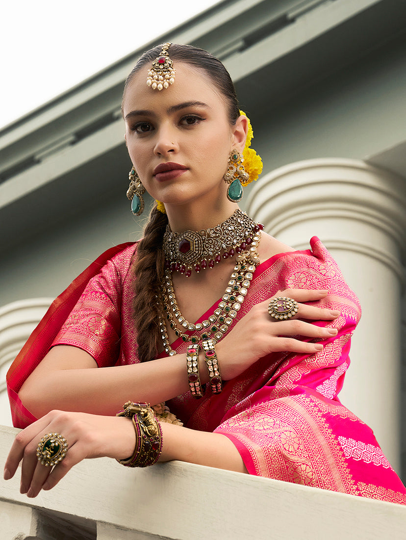 Monjolika Fashion Viscose Silk Rani Pink Weaving Jaal Designer Saree | Grocsy