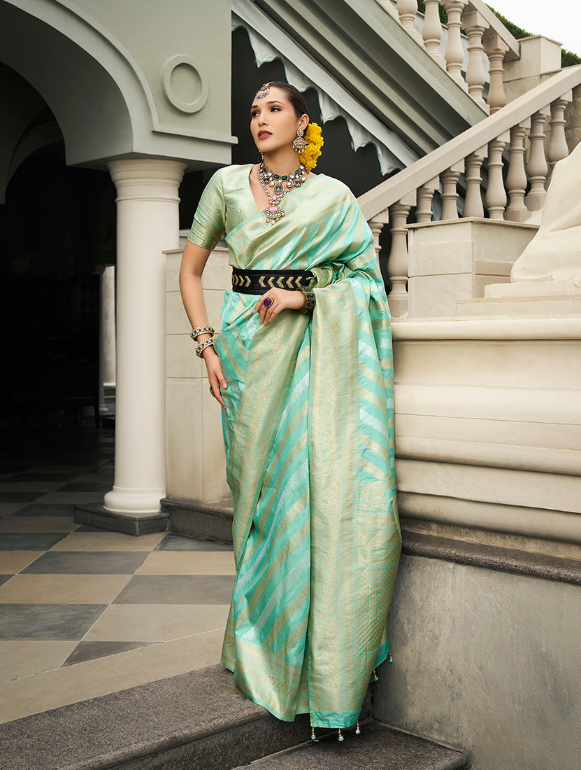 Monjolika Fashion Viscose Silk Turquoise Weaving Jaal Designer Saree | Grocsy
