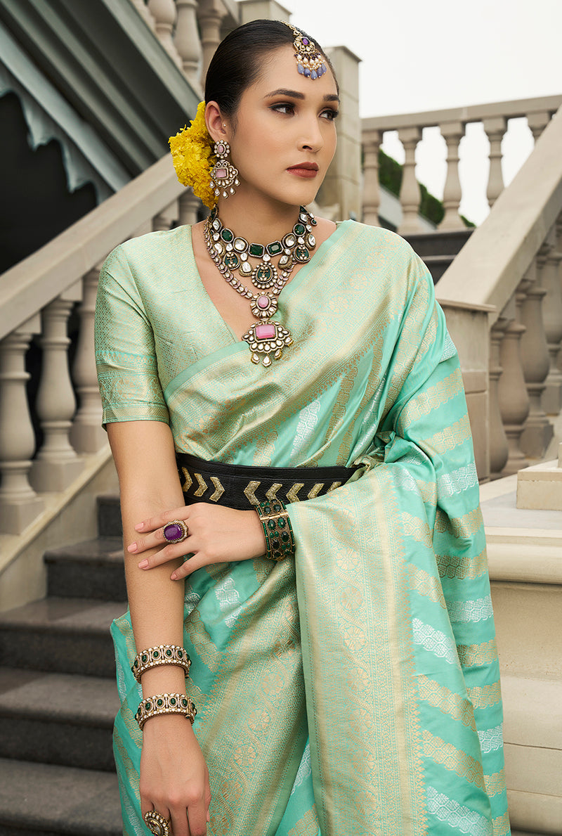 Monjolika Fashion Viscose Silk Turquoise Weaving Jaal Designer Saree | Grocsy