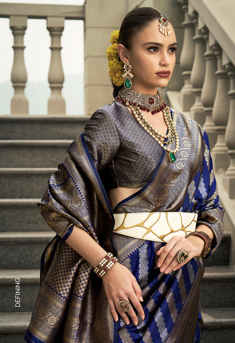 Monjolika Fashion Viscose Silk Navy Blue Weaving Jaal Designer Saree | Grocsy