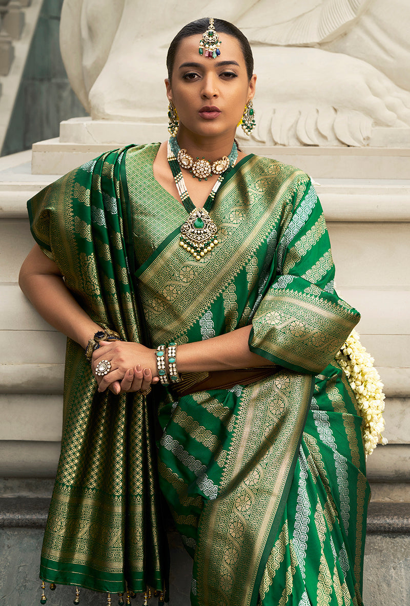 Monjolika Fashion Viscose Silk Dark Green Weaving Jaal Designer Saree | Grocsy