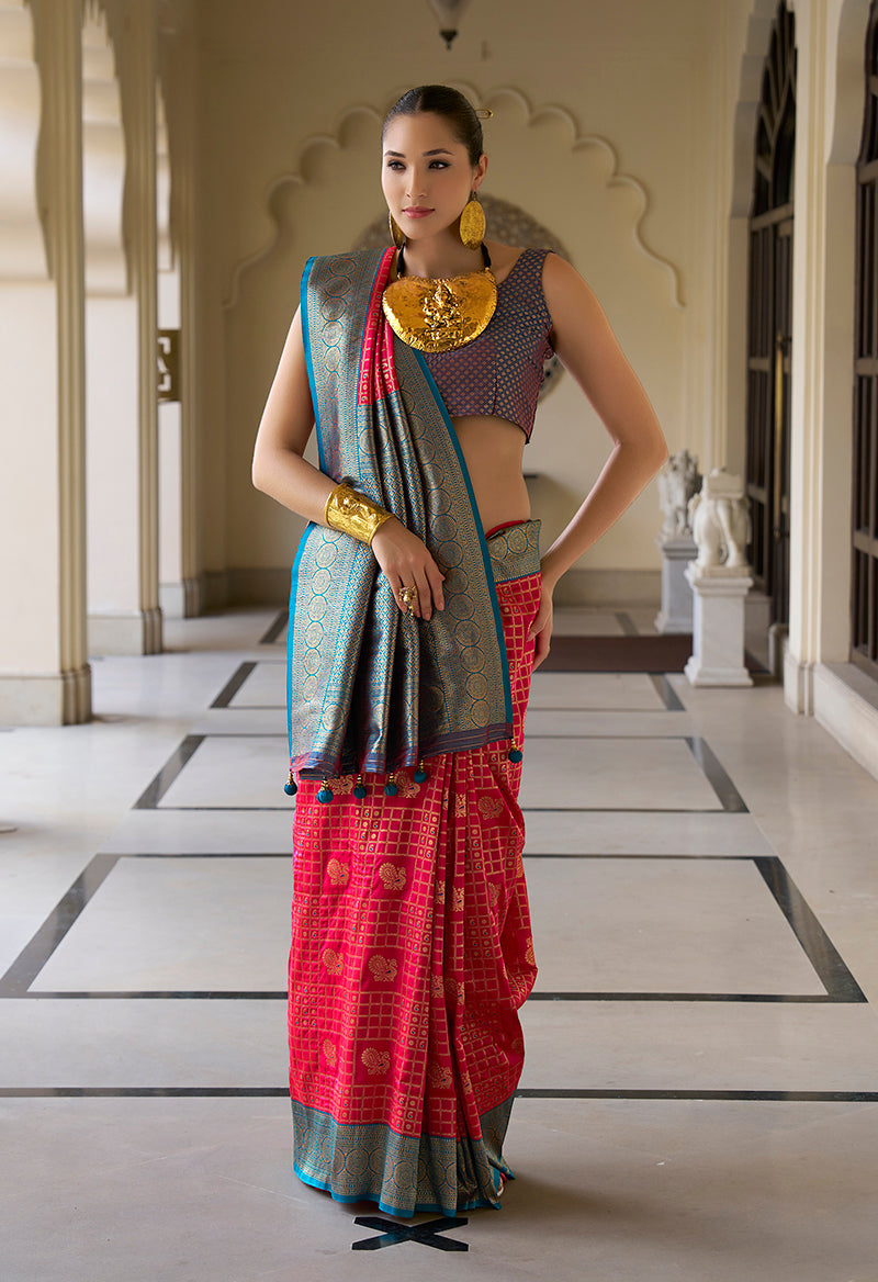 Monjolika Fashion Banarasi Silk Weaving Magenta Trendy Saree | Grocsy