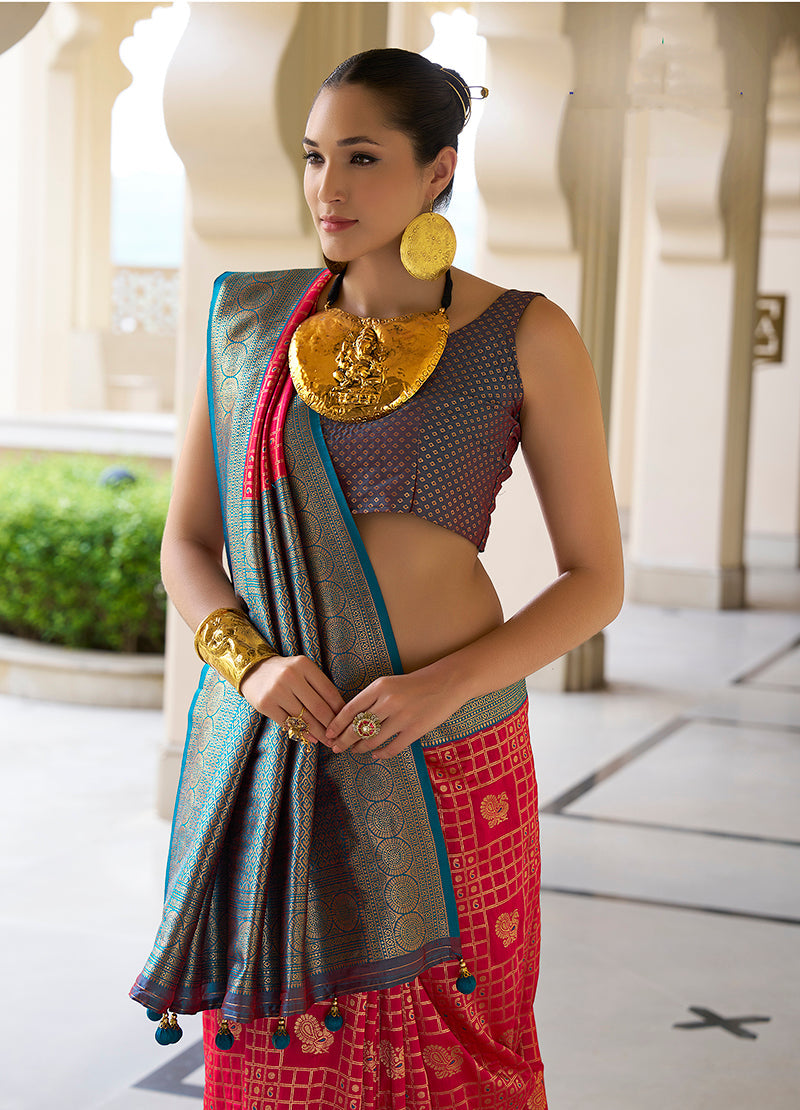 Monjolika Fashion Banarasi Silk Weaving Magenta Trendy Saree | Grocsy