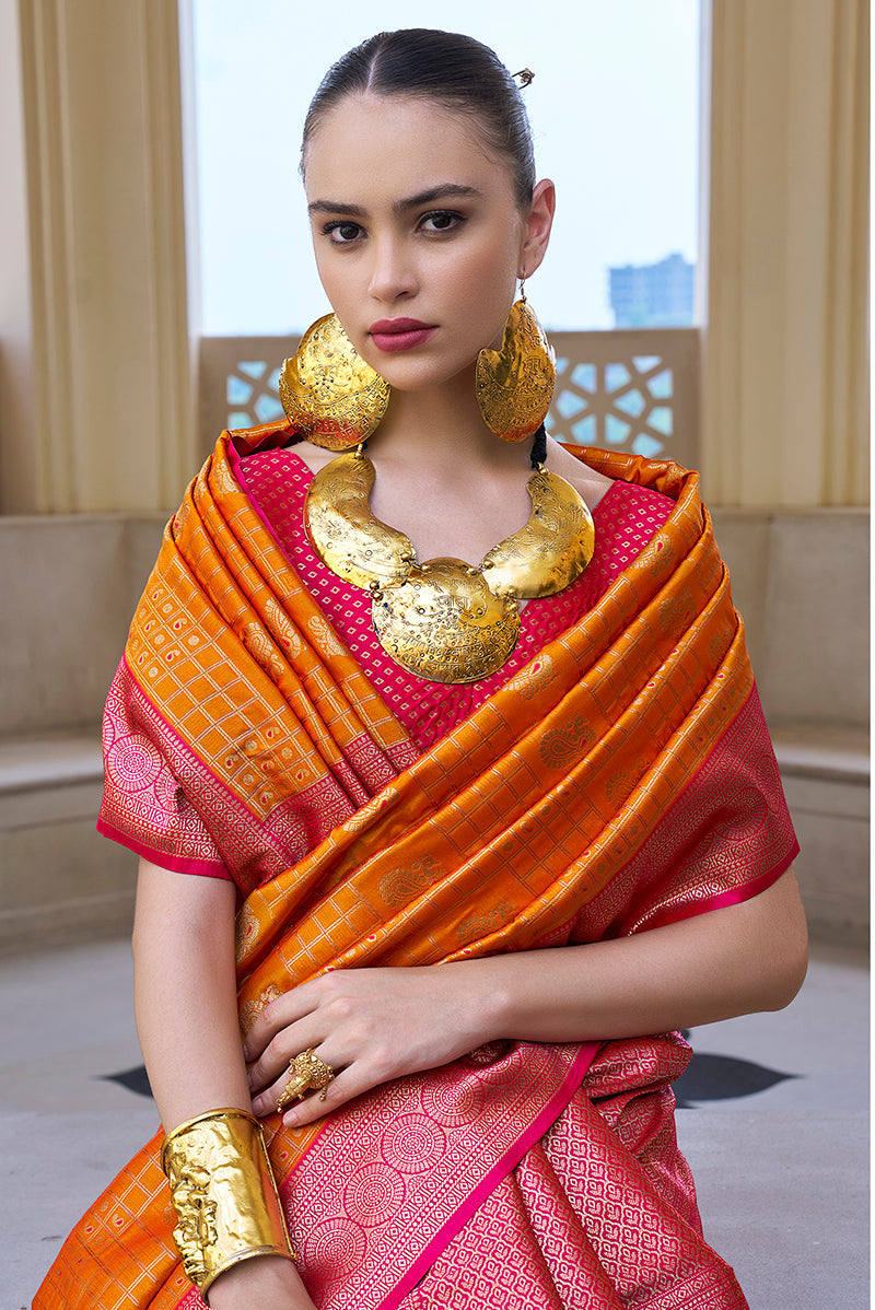 Monjolika Fashion Banarasi Silk Weaving Orange Trendy Saree | Grocsy