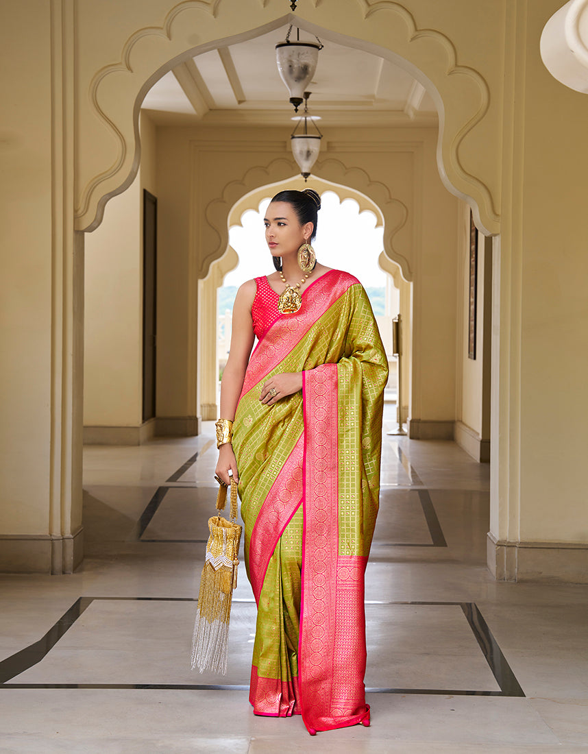 Monjolika Fashion Banarasi Silk Weaving Pear Trendy Saree | Grocsy