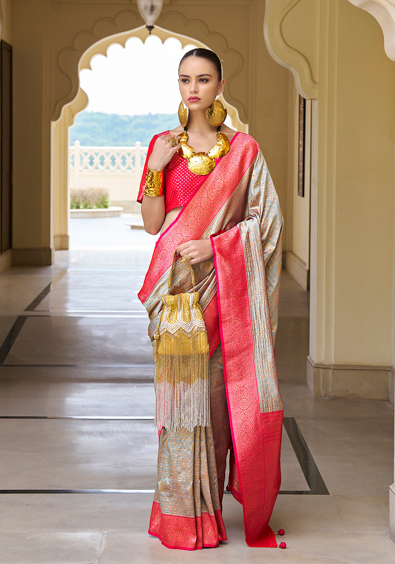Monjolika Fashion Banarasi Silk Weaving Light Grey Trendy Saree | Grocsy