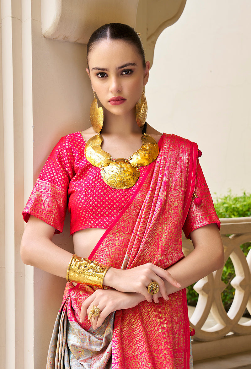 Monjolika Fashion Banarasi Silk Weaving Light Grey Trendy Saree | Grocsy