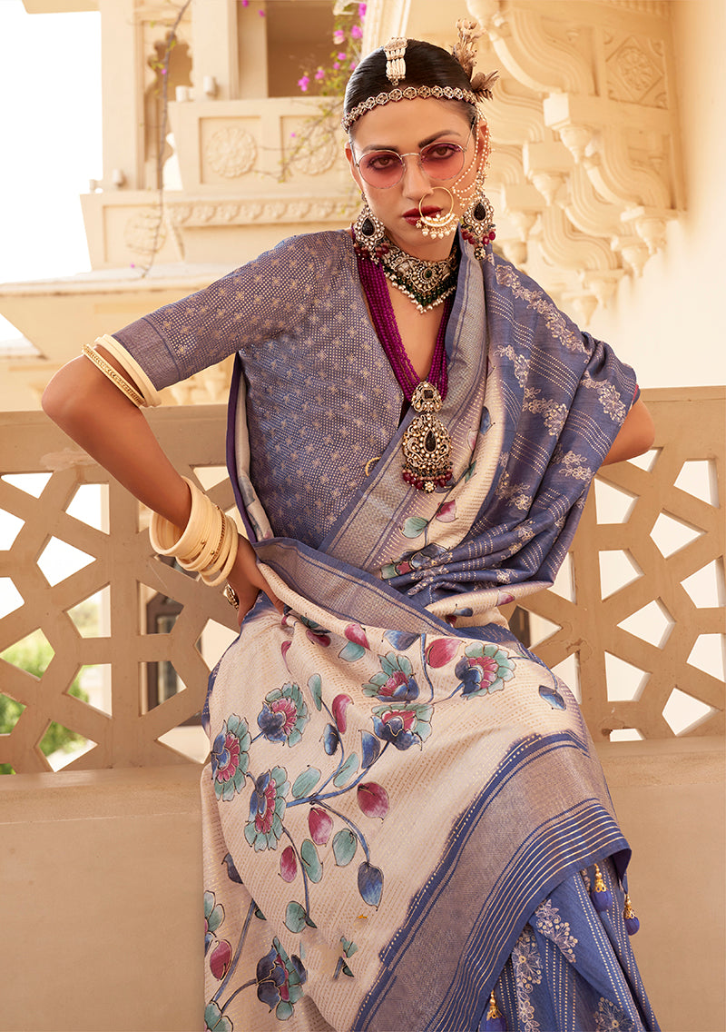 Monjolika Fashion Silk Foil Print Blue Contemporary Saree | Grocsy