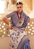 Monjolika Fashion Silk Foil Print Blue Contemporary Saree | Grocsy