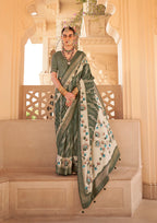 Monjolika Fashion Silk Foil Print Dark Green Contemporary Saree | Grocsy