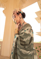 Monjolika Fashion Silk Foil Print Dark Green Contemporary Saree | Grocsy