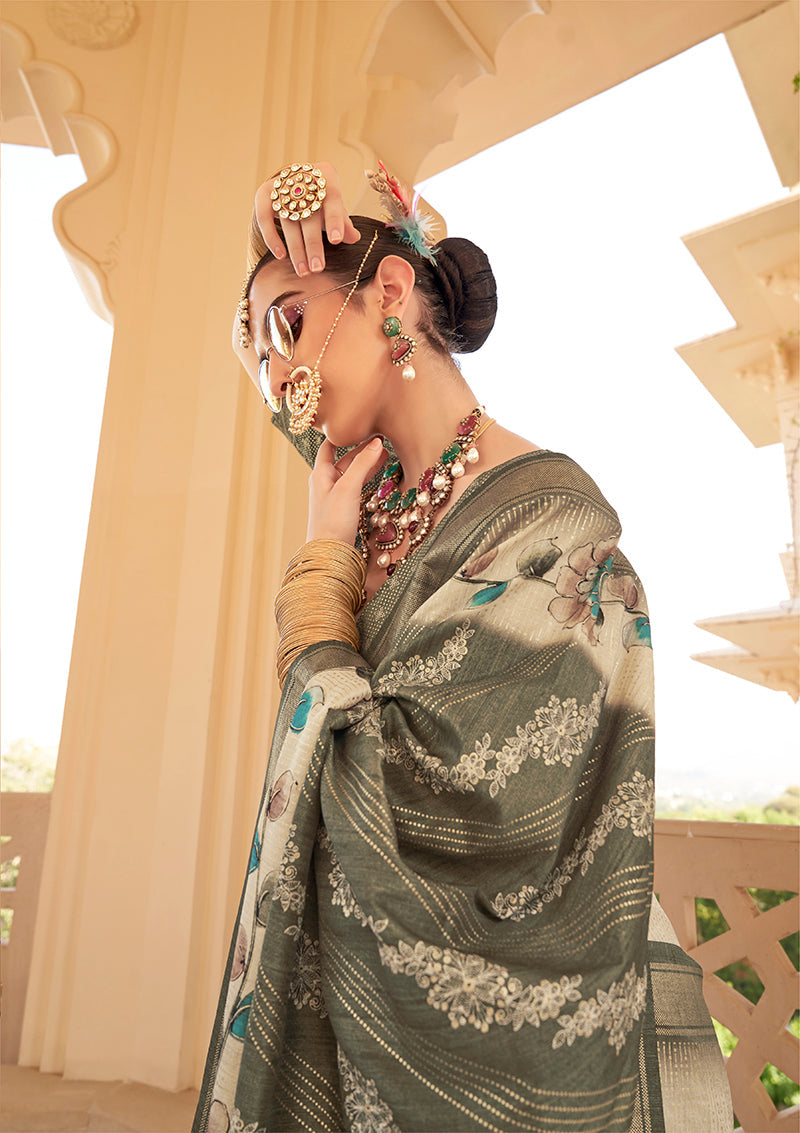 Monjolika Fashion Silk Foil Print Dark Green Contemporary Saree | Grocsy