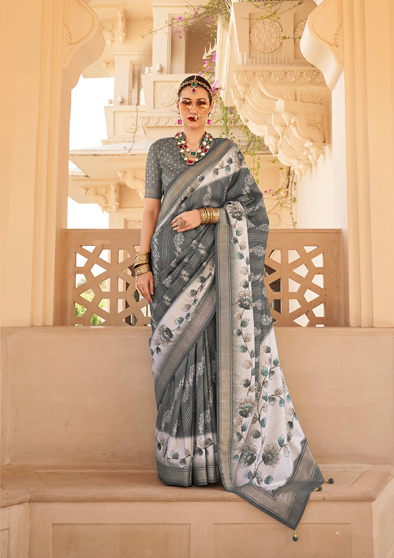 Monjolika Fashion Silk Foil Print Grey Contemporary Saree | Grocsy